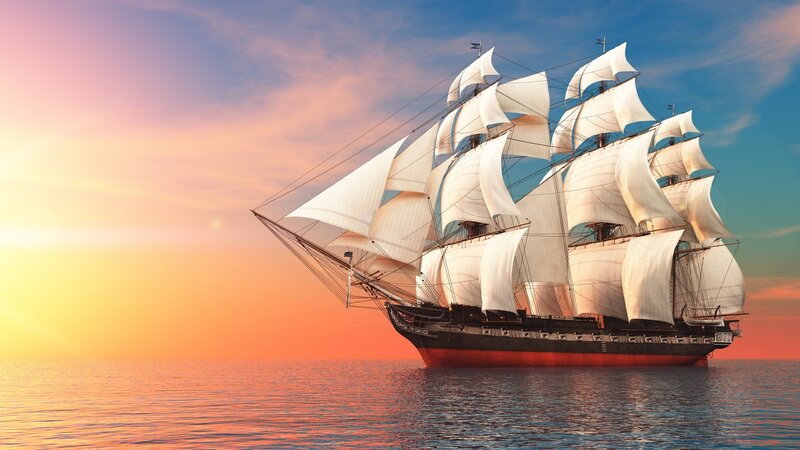 Sailing Ship at Sunset — Orange, Serene, Digital Art, Ocean, Sky, Sails