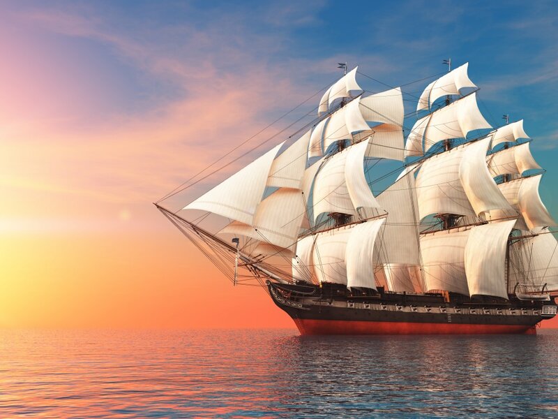 Sailing Ship at Sunset — Orange, Serene, Digital Art, Ocean, Sky