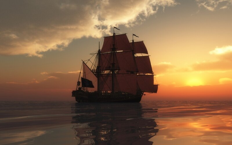 Sailing Ship at Sunset — Orange, Serene, Digital Art, Ocean