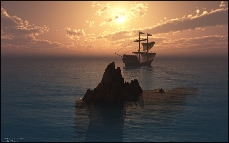 Sailing Ship at Sunset — Orange, Serene, Digital Art, Rock