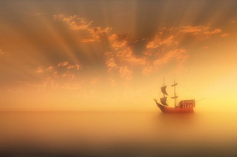Sailing Ship at Sunset — Orange, Serene, Digital Art, Sea