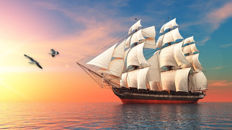 Sailing Ship at Sunset — Orange, Serene, Digital Art, Seagulls