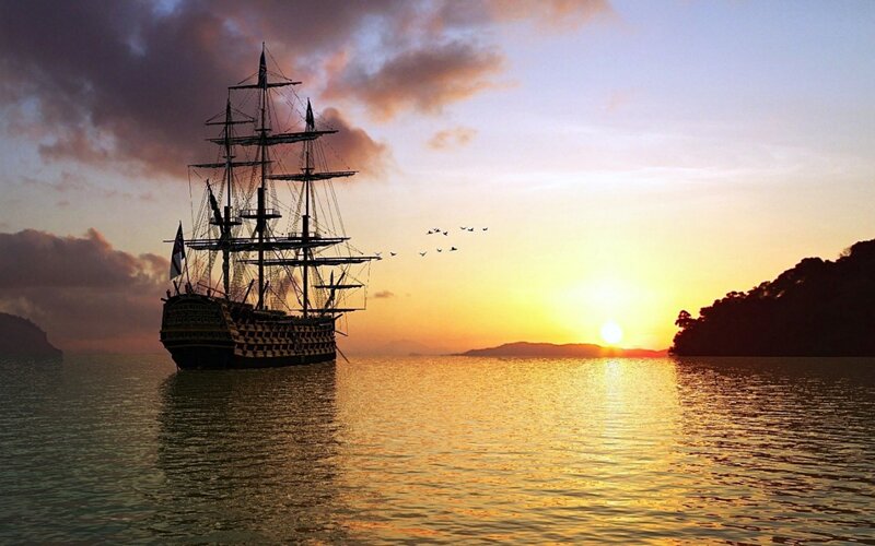 Sailing Ship at Sunset — Orange, Serene, Digital Art, Sun, Birds