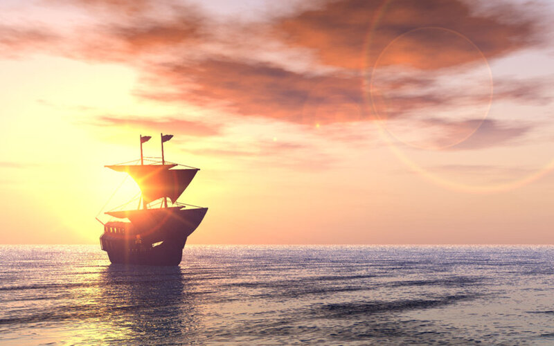 Sailing Ship at Sunset — Orange, Serene, Digital Art, Sun, Ocean