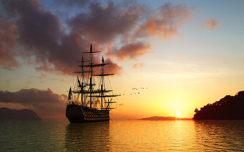 Sailing Ship at Sunset — Orange, Serene, Digital Art, Sun