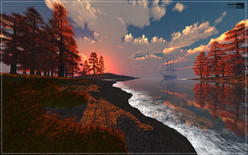 Sailing Ship at Sunset — Orange, Serene, Digital Art, Trees