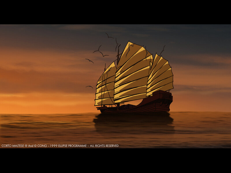 Sailing Ship at Sunset — Orange, Serene, Illustration