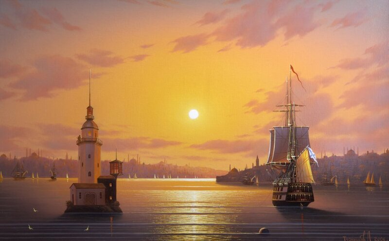 Sailing Ship at Sunset — Orange, Serene, Painting, Lighthouse