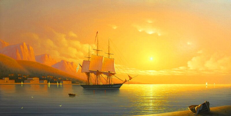 Sailing Ship at Sunset — Orange, Serene, Painting, Mountains