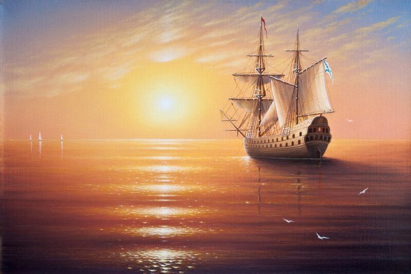 Sailing Ship at Sunset — Orange, Serene, Painting
