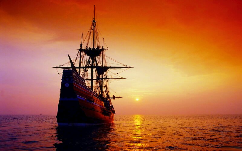 Sailing Ship at Sunset — Orange, Serene, Photograph, Ocean, Sky