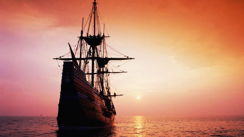 Sailing Ship at Sunset — Orange, Serene, Photograph, Ocean