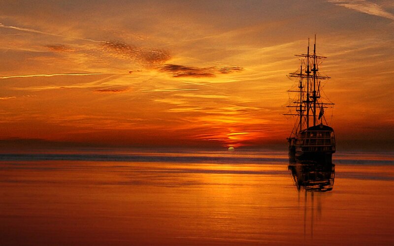 Sailing Ship at Sunset — Orange, Serene, Photograph, Sun