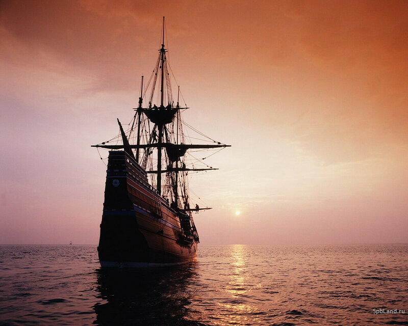 Sailing Ship at Sunset — Orange, Serene, Photograph
