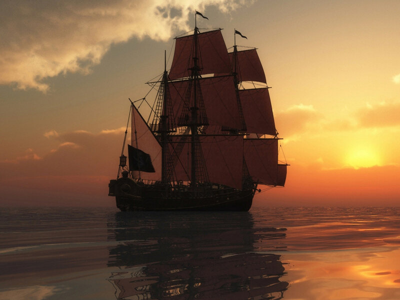 Sailing Ship at Sunset — Orange, Serene