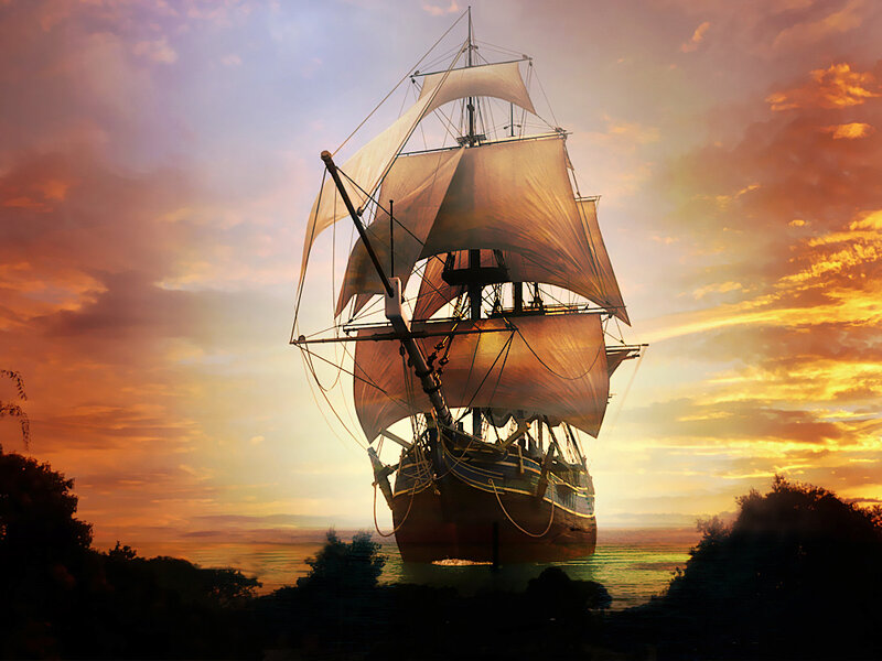Sailing Ship at Sunset — Orange
