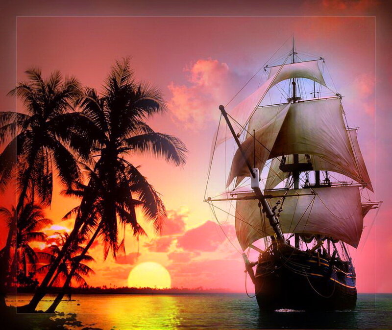 Sailing Ship at Sunset — Pink