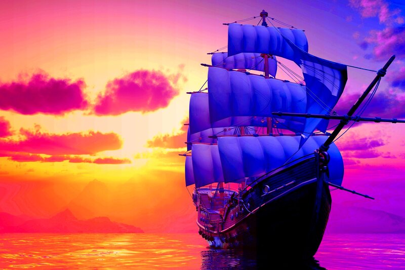 Sailing Ship at Sunset — Purple, Dramatic, Digital Art, Sailboat