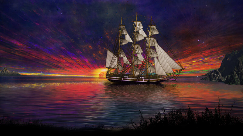 Sailing Ship at Sunset — Purple, Dramatic, Digital Art, Sea