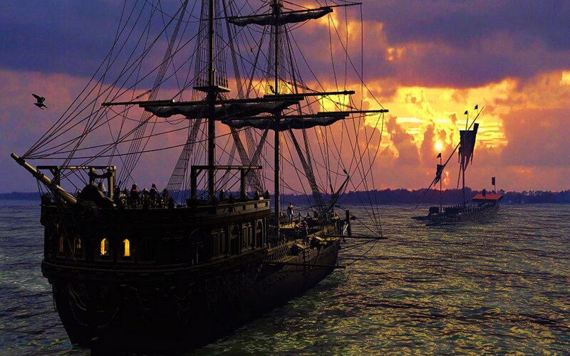 Sailing Ship at Sunset — Purple, Dramatic, Digital Art