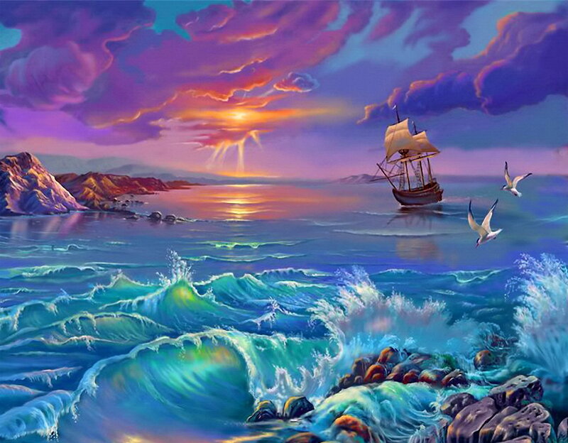 Sailing Ship at Sunset — Purple, Dramatic, Painting