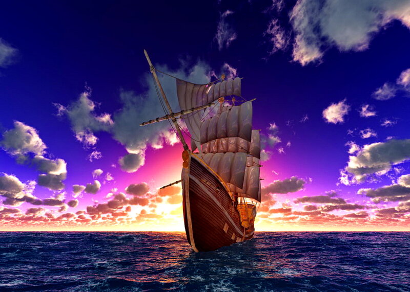 Sailing Ship at Sunset — Purple, Dramatic