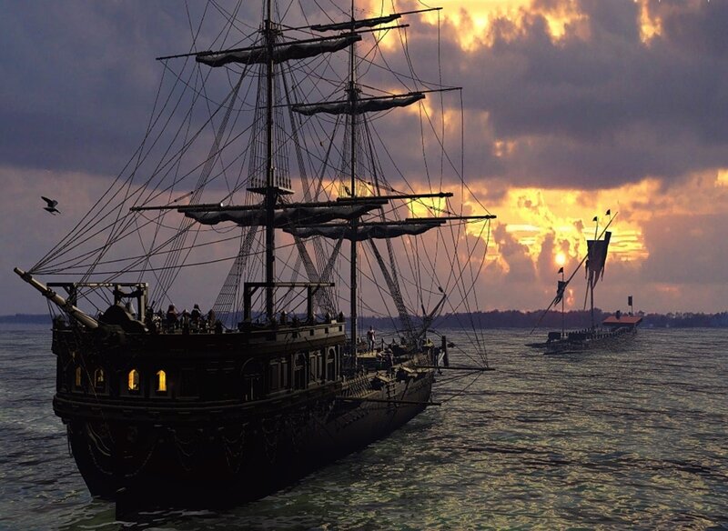 Sailing Ship at Sunset — Purple
