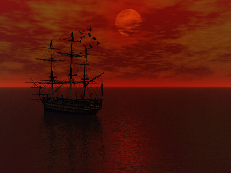 Sailing Ship at Sunset — Red, Dramatic, 3d Render