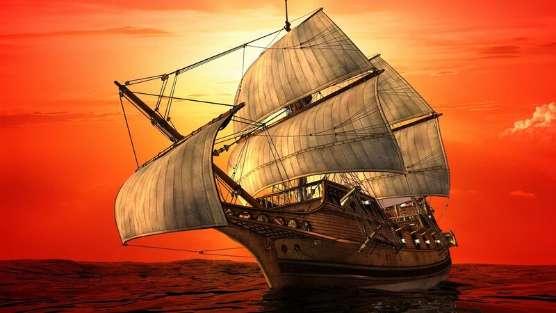 Sailing Ship at Sunset — Red, Dramatic, Digital Art, Ocean, Sky, Sails