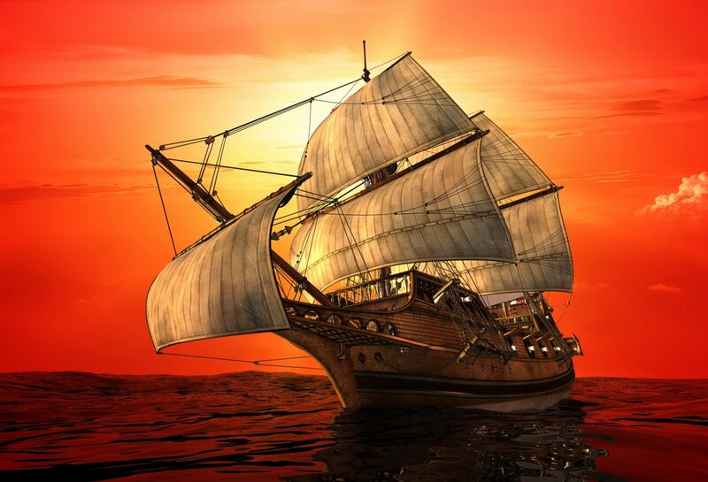 Sailing Ship at Sunset — Red, Dramatic, Digital Art, Ocean, Sky