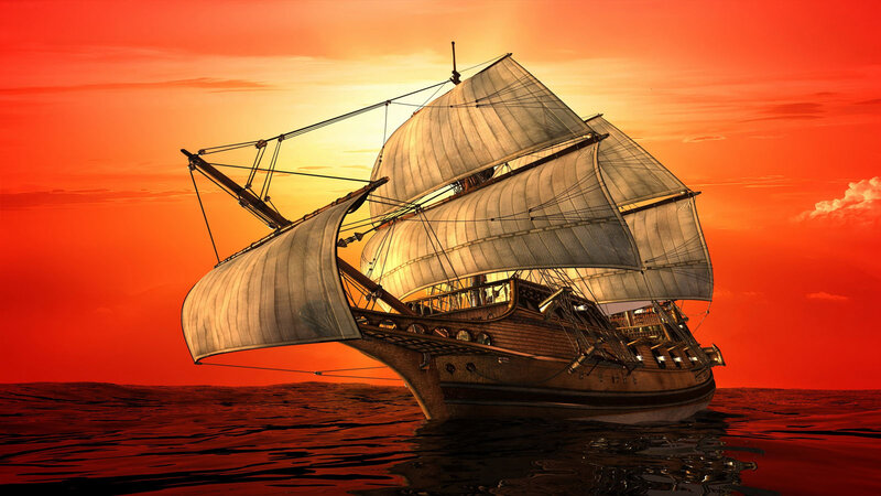 Sailing Ship at Sunset — Red, Dramatic, Digital Art, Ocean