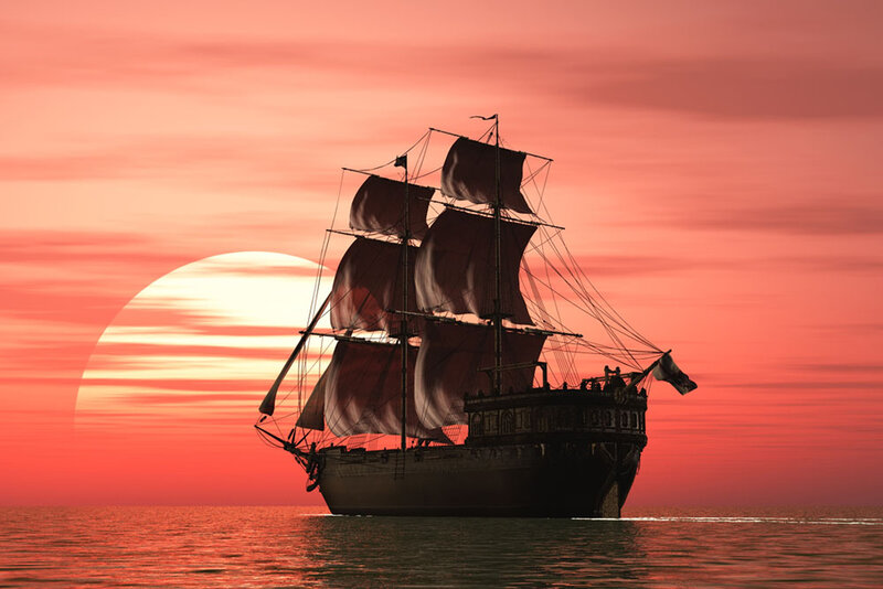 Sailing Ship at Sunset — Red, Dramatic, Digital Art, Sun