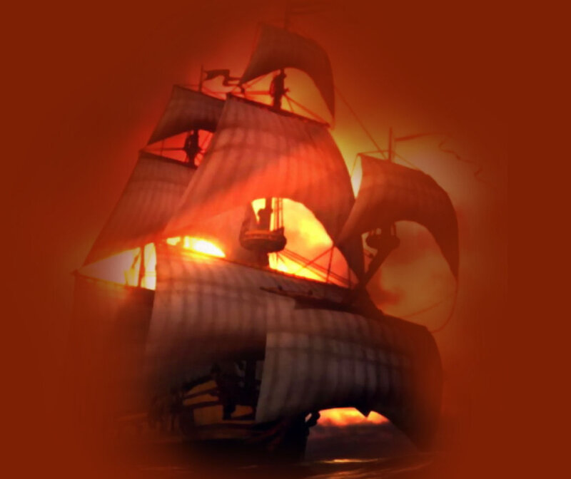 Sailing Ship at Sunset — Red, Dramatic, Digital Art