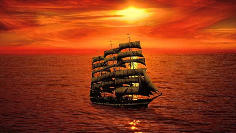 Sailing Ship at Sunset — Red, Dramatic, Photograph, Ocean, Sun