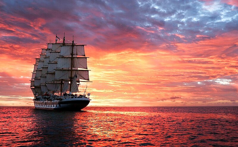Sailing Ship at Sunset — Red, Dramatic, Photograph, Ocean