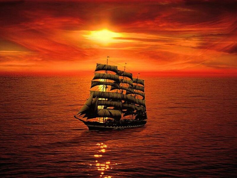 Sailing Ship at Sunset — Red