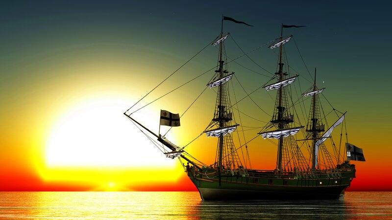 Sailing Ship at Sunset — Yellow, Dramatic, Digital Art