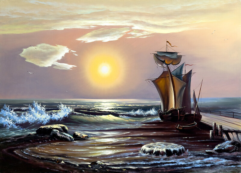 Sailing Ship at Sunset — Yellow, Dramatic, Painting