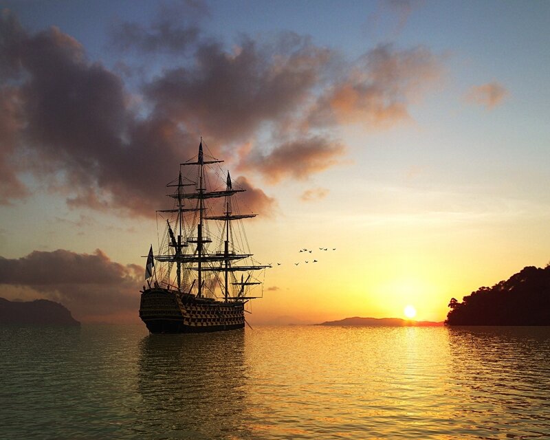 Sailing Ship at Sunset — Yellow, Serene, Digital Art