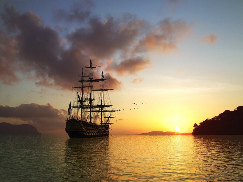 Sailing Ship at Sunset — Yellow, Serene, Photograph, Sun, Birds