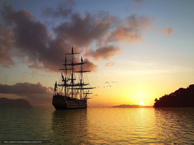 Sailing Ship at Sunset — Yellow, Serene, Photograph