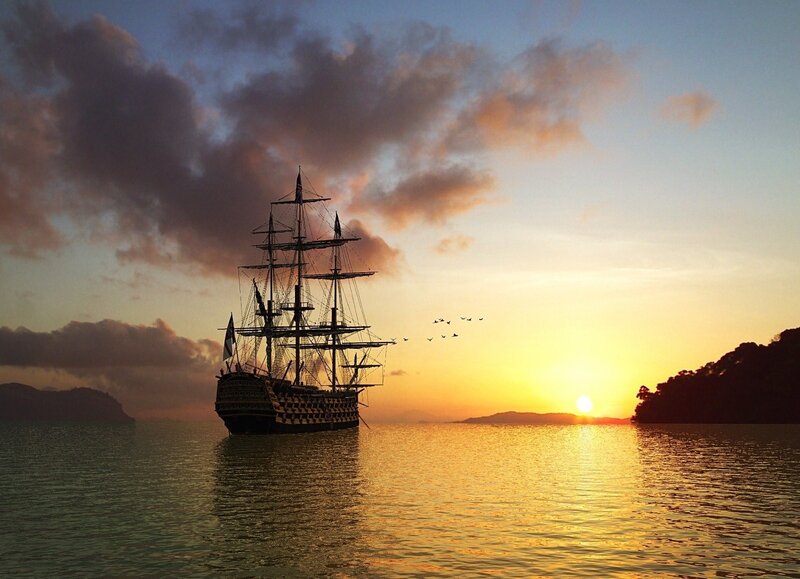 Sailing Ship at Sunset — Yellow, Serene