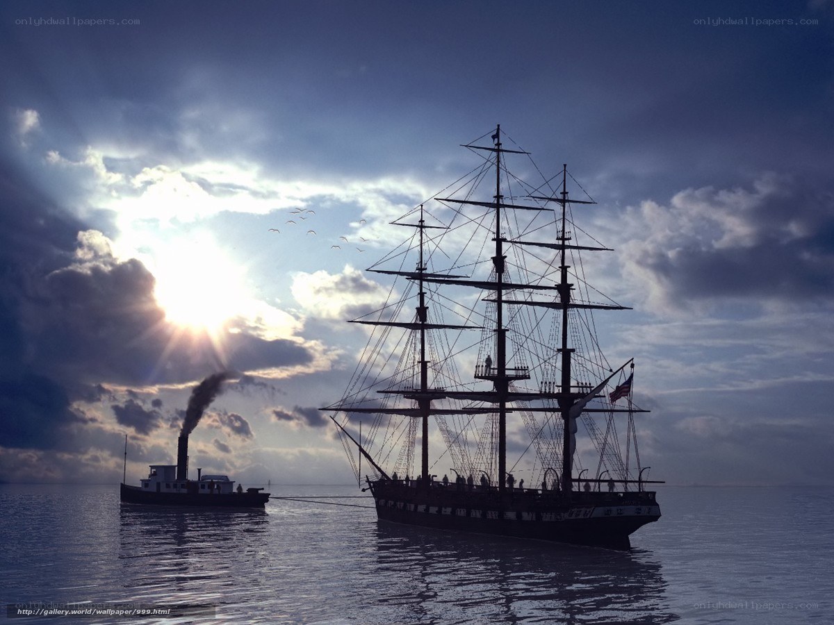 Sailing ship at sunset