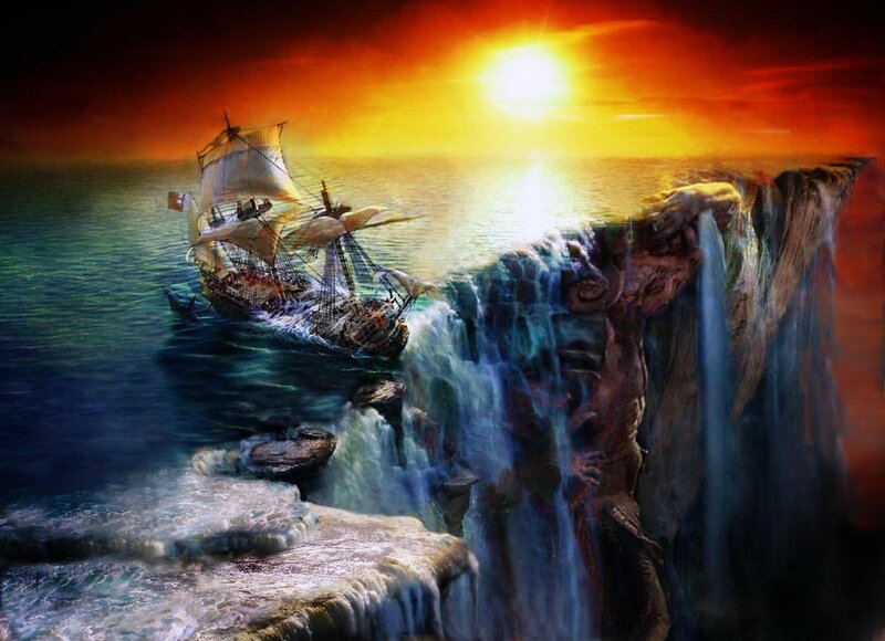 Sailing Ship at Waterfall
