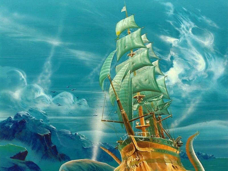 Sailing Ship Attacked by Kraken