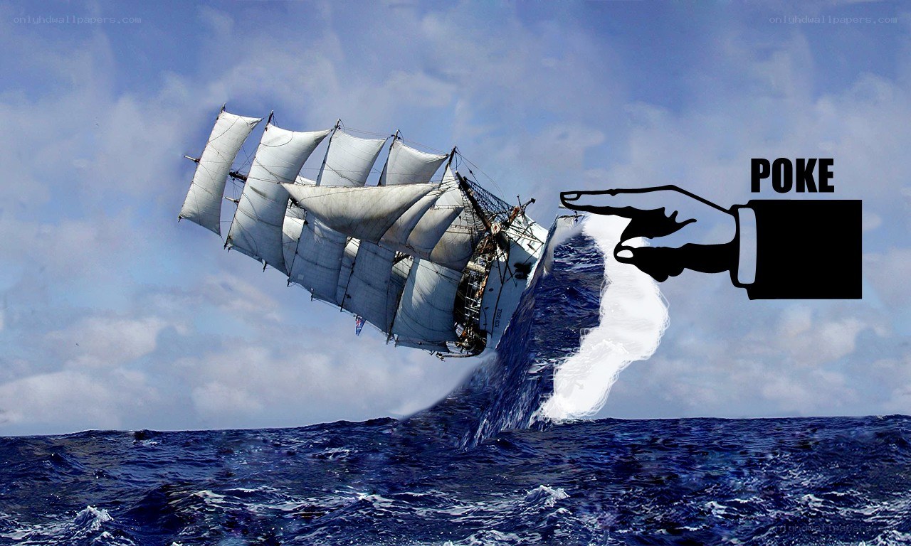 Sailing ship being poked by a hand