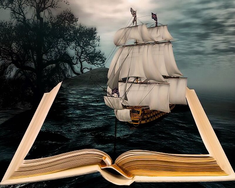 Sailing Ship from Book — White, Dramatic