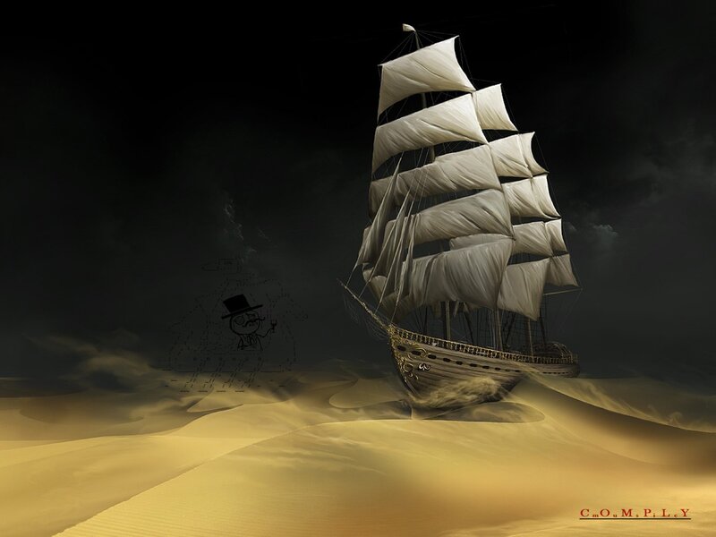 Sailing ship in a desert