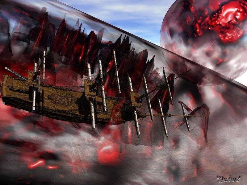 Sailing ship in a red storm
