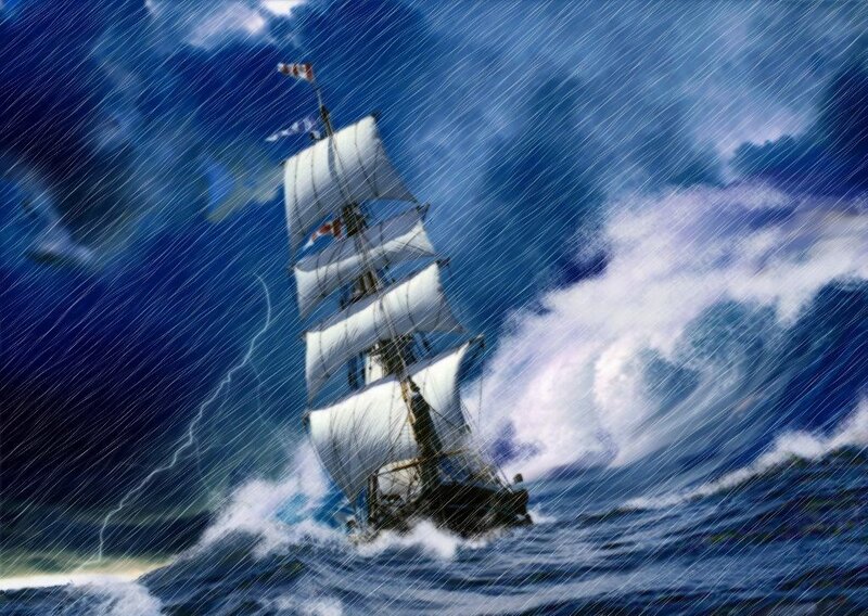 Sailing ship in a storm